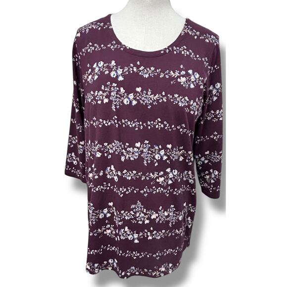 J. Jill Women's 3/4 Sleeve Luxe Supima A-Line Tunic, Deep Wine Floral, size L - Picture 2 of 10